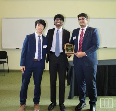 From left to right: Bowen Zhang, Jay Rajurkar, and Arnav Khurma, members of Commodity Investing by Students (COINS) at Virginia Tech display their second place award from the Undergraduate Commodities Competition. Photo courtesy of Bayou Capital Group.